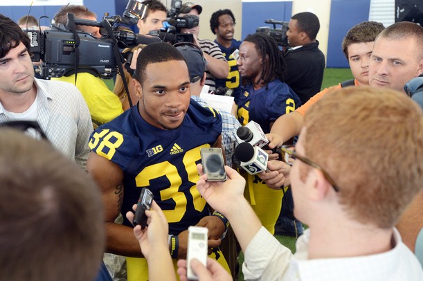 Michigan sophomore running back Thomas Rawls answers questions during media day at the Al Glick Field House on Sunday afternoon. Melanie Maxwell I AnnArbor.com
